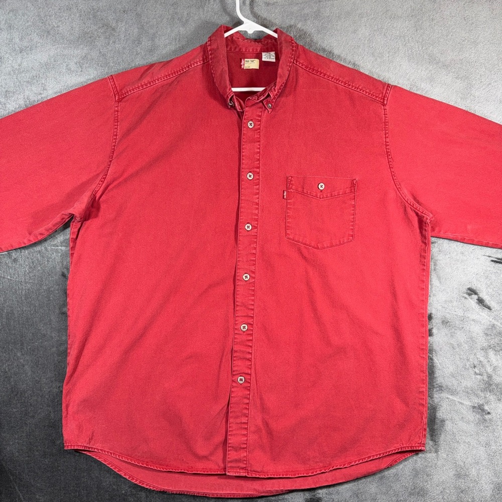 Vintage Levis Red Tab Button Down Shirt Mens XL Red Long Sleeve Cotton Denim Top